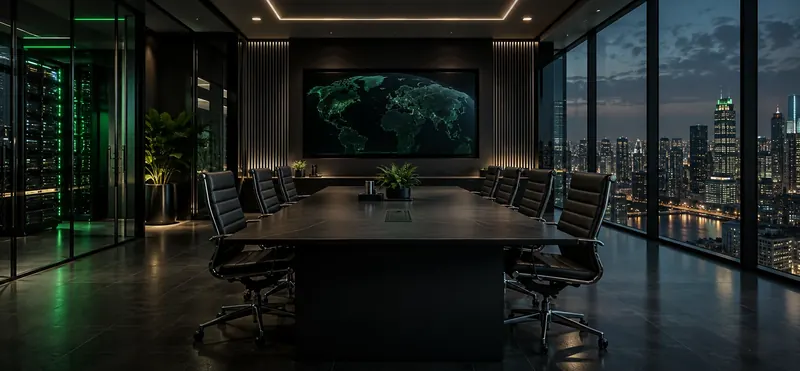Conference room with a wall display, integrated network equipment behind glass, and a city view at night