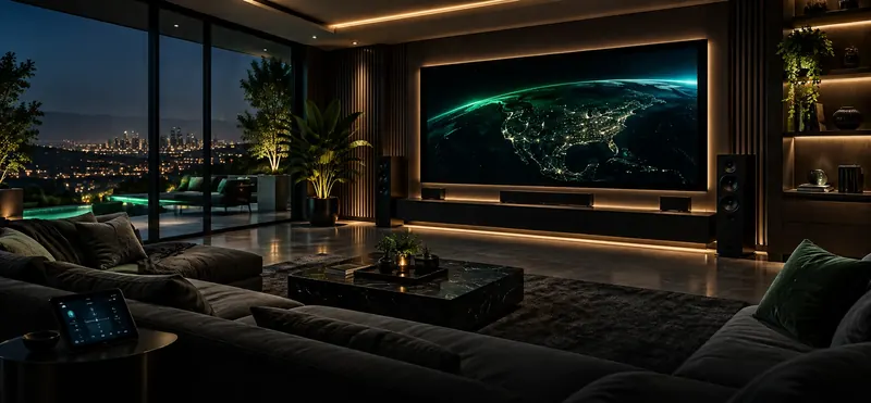 Home theater lounge with a large screen, floor-standing speakers and a smart home control tablet