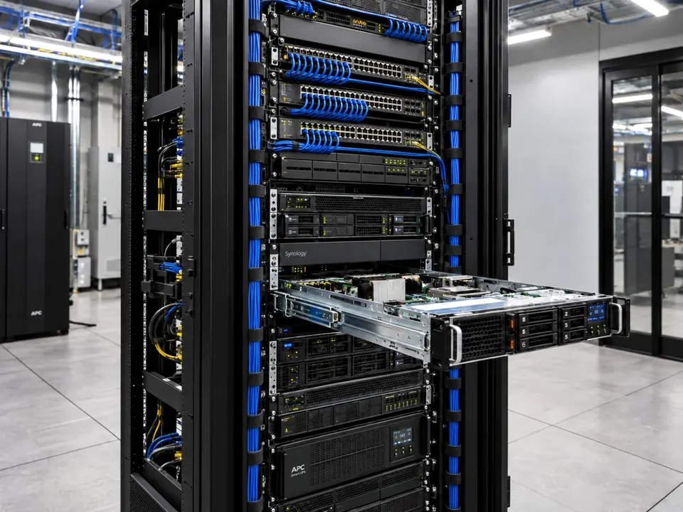 Network rack with neatly dressed patch cabling and a rackmount server pulled out for service