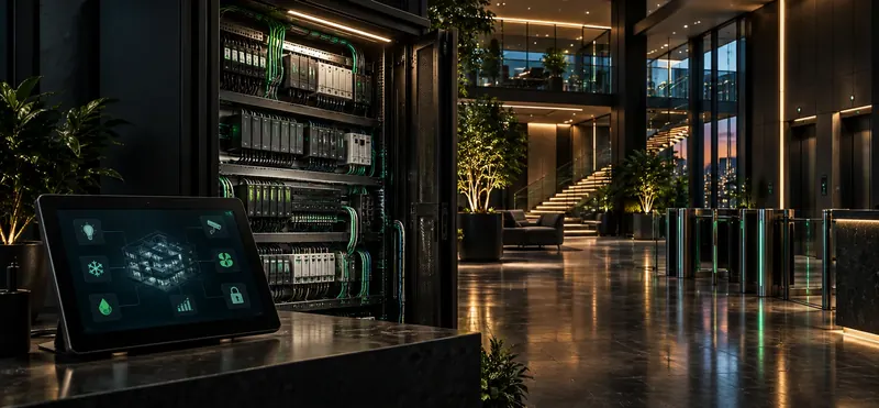 Building automation panel and wall-mounted control tablet beside an open equipment cabinet in a modern lobby